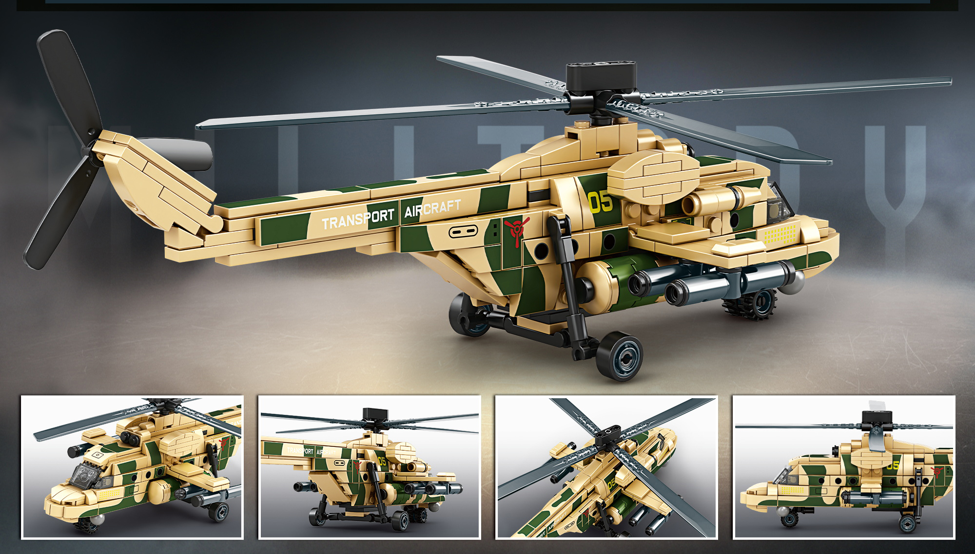 QBLO MI-8 Military Transport Helicopter Building Block Set, 313 Pieces, Tan and Green