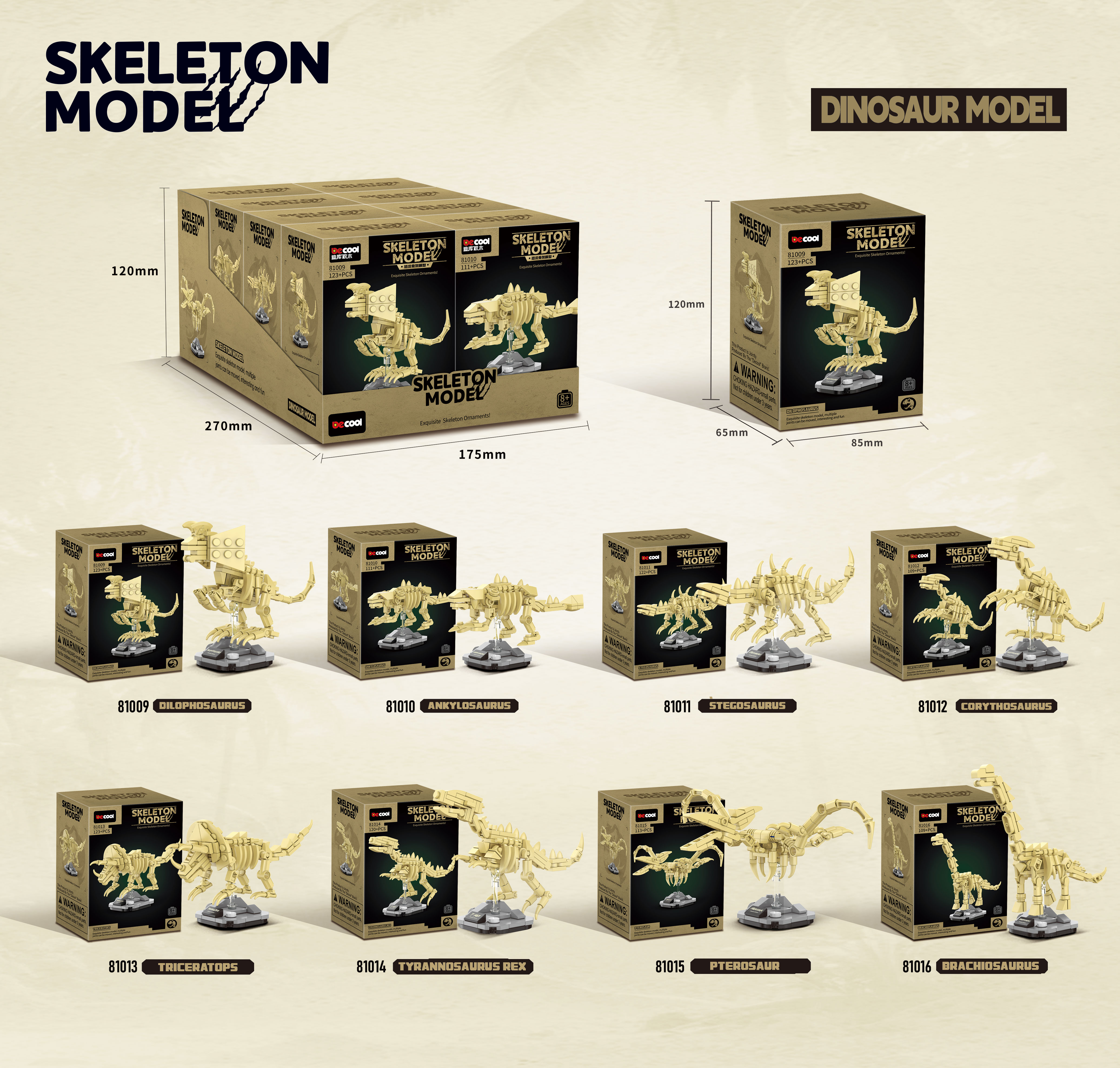 QBLO Skeleton Model Dinosaur Fossil Building Block Set, Tyrannosaurus Rex and Ankylosaurus with Display Pedestal