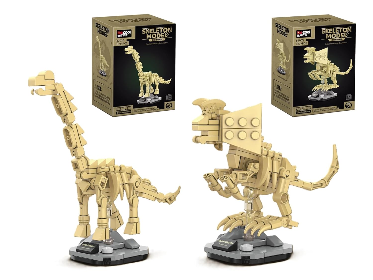 QBLO Skeleton Model Dinosaur Fossil Building Block Set with Display Stand, Brachiosaurus and Dilophosaurus, 2 Pack