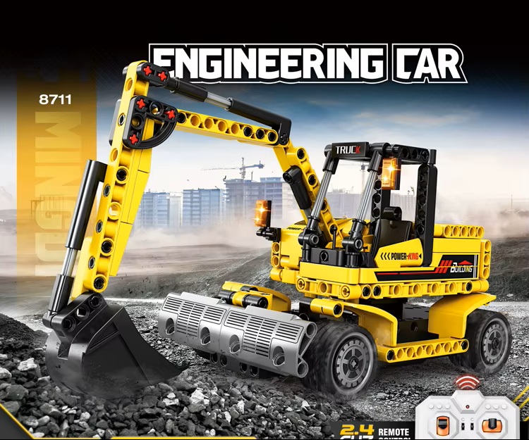 QBLO Remote Control Excavator Building Block Set, Yellow Engineering Car Construction Vehicle, 2.4 GHz RC
