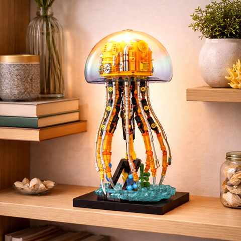Mechanical Jellyfish Building Block Set with Lighting, 726 Pieces, Model with Display Stand, 28.5cm Ht